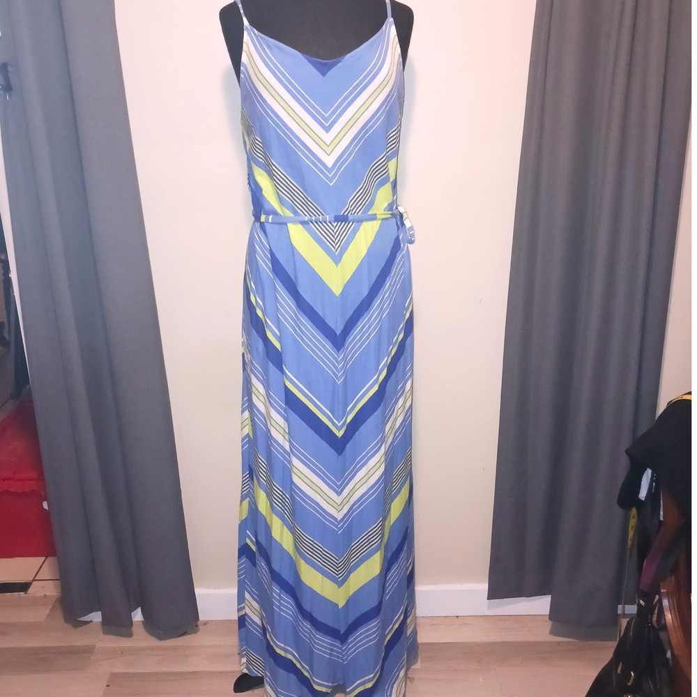 Blue Lime Green Striped Maxi Dress Xl Adjustable Straps Tie Waist Summer